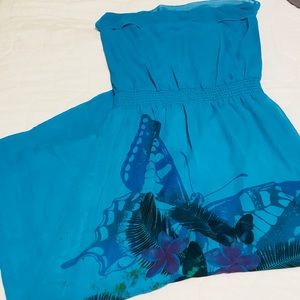 Strapless teal and purple dress